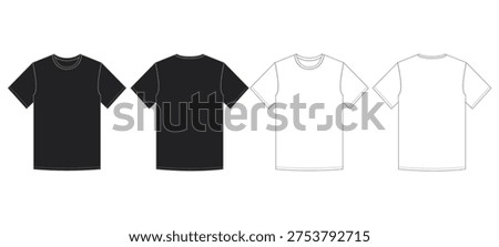 Basic Crew Neck T Shirt Front and Back View Black and Outline Apparel Vector Template