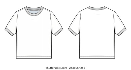 Basic Crewneck T-Shirt Technical Fashion Illustration. Short Sleeve Plain Tee with Regular Fit. Front and Back View. Minimalist Streetwear T-Shirt. Unisex Shirt Vector. CAD Mockup set.
