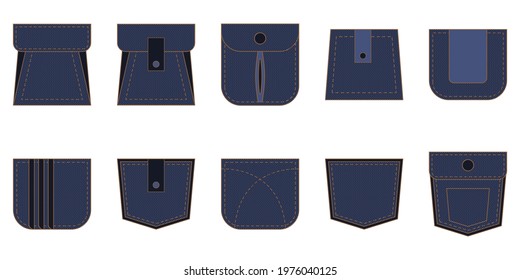 Basic denim patch pocket design in blue and brown. Round circle button on unisex garment. Isolated icon and symbol for bag or clothes.