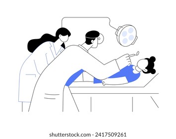 Basic dental treatment abstract concept vector illustration. Stomatologist and her assistant deals with kids teeth treatment, pediatric dentistry school, oral medicine abstract metaphor.