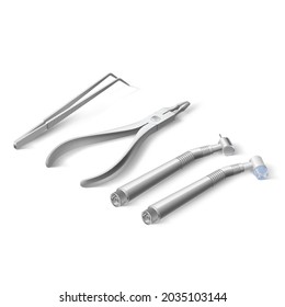 Basic Dentist Instruments Laid out Against White Background. A set of Metal Medical Equipment for Teeth Dental Care. Dental Hygiene and Healthcare Concept