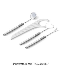 Basic Dentist Instruments and Tools. An Isometric Set of Metal Medical Equipment for Teeth Dental Care. Dental Hygiene and Healthcare Concept on White Backdrop