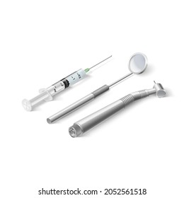 Basic Dentist Instruments and Tools Laid out Against White Background. A Set of Isometric Medical Equipment for Teeth Dental Care. Dental Hygiene and Healthcare Concept