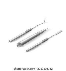 Basic Dentist Instruments and Tools Laid out Against White Background. A Set of Isometric Medical Equipment for Teeth Dental Care