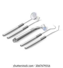 Basic Dentist Instruments and Tools Laid out Against White Backdrop. An Isometric Set of Metal Medical Equipment for Teeth Dental Care. Dental Hygiene and Healthcare Concept