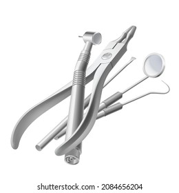 Basic Dentist Instruments and Tools Laid out Against on White Background. A set of Metal Medical Equipment for Teeth Dental Care