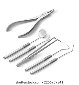 Basic Dentist Instruments and Tools Laid out Against White Backdrop. A set of Metal Medical Equipment for Teeth Dental Care. Dental Hygiene and Healthcare Concept