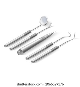 Basic Dentist Instruments and Tools. A set of Metal Isometric Medical Equipment for Teeth Dental Care. Dental Hygiene and Healthcare Concept on White