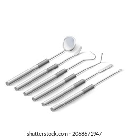 Basic Dentist Instruments and Tools. A Set of Metal Medical Equipment for Teeth Dental Care. Dental Hygiene and Healthcare Concept on White Background