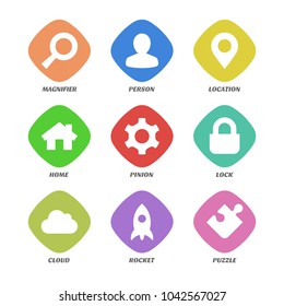 Basic design icons set. Color shapes of magnifier, person, location, home, pinion, lock, cloud, rocket, puzzle in color superellipse button.
