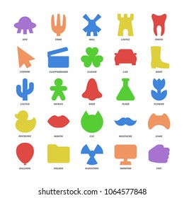 Basic design icons set. Simple shapes of mustache, game, controller, balloon, folder, radiation, monitor, fist, flying saucer, fork, mill, castle, tooth, cursor, clapperboard, clover, car, boot.