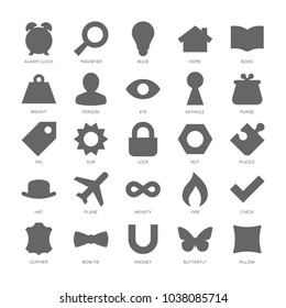 Basic design shapes set. Simple icon of alarm clock, magnifier, bulb, home, book, weight, person, eye, keyhole, purse, tag, sun, lock, nut, puzzle, hat, plane, infinity, fire, check, leather, bow tie.