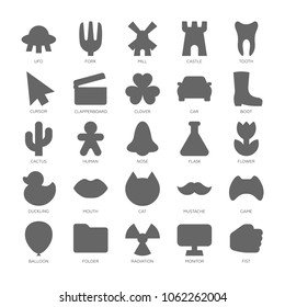 Basic design shapes set. Simple icon of flying saucer, fork, mill, castle, tooth, cursor, clapperboard, clover, car, boot, cactus, human, nose, flask, flower, duckling, game controller, mouth, cat.