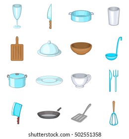 Basic dishes icons set. Cartoon illustration of 16 basic dishes vector icons for web