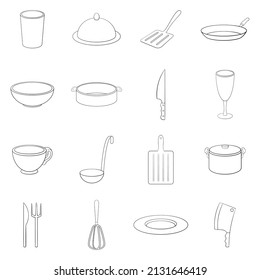 Basic dishes set icons in outline style isolated on white background