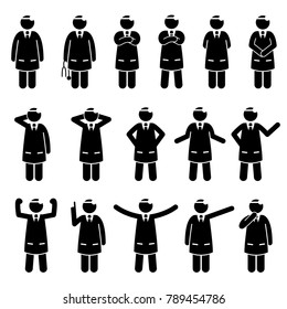 Basic Doctor Poses and Postures. Stick figure pictogram depicts various doctor expression, movements, body gestures, and feelings.