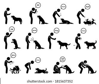 Basic dog commands and behavioral training icons set. Vector illustrations of a person giving hand signals for the dog to follow in obedient learning. 
