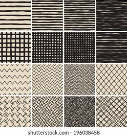 Basic Doodle Seamless Pattern Set No.2 in black and white is collection of 16 simple repetitive patterns. Illustration is in eps8 vector mode, background on separate layer. 