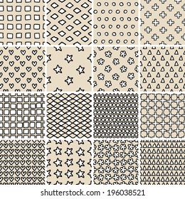 Basic Doodle Seamless Pattern Set No.9 in black and white is collection of 16 simple repetitive patterns. Illustration is in eps8 vector mode, background on separate layer. 