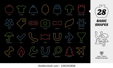 Basic editable strole outline shapes color icon set on a black background with simple fan, tag, infinity, camera, bow tie, leaf, snowflake, umbrella, check, phone, candy, magnet, arrow line pictogram.