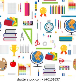 Basic education seamless background. School pattern with study icons and stationery elements.