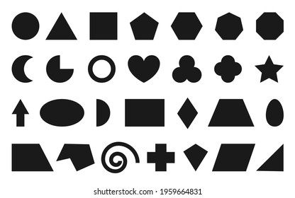 Basic educational geometric shape icon black set. Teaching math figures triangle, square, circle, hexagon, rectangle. Kid school learning geometry study cartoon element isolated on white background