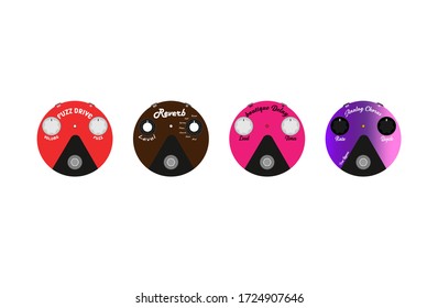 Basic electric guitar effect set is in a round, multi-colored Fuzz design. Overdrive effect, reverb, chorus, and delay can be used as clothing design icons. Used in graphics. Isolated on white.