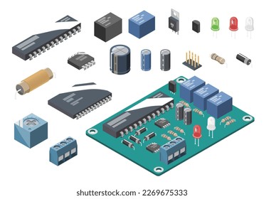 Basic Electronic and semiconductor Components Circuit Design isometric symbols set Concept illustration isometric isolated vector