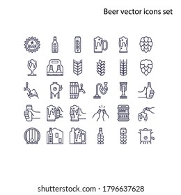 Basic element of Beer vector icons set. Contains a bottle, can, hop sign, barley and wheat, fermentation tank, boiler, draft beer keg, beer process, and more.