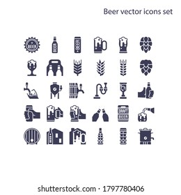 Basic element of Beer vector icons set.Contains a bottle, can, hop sign, barley and wheat, fermentation tank, boiler, draft beer keg, beer process, and more. 68x68 pixel perfect icon