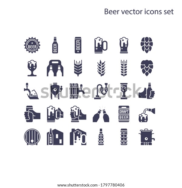 ビールのベクター画像アイコンセットの基本エレメント ボトル 缶 ホップサイン 大麦と小麦 発酵槽 ボイラー 生ビール樽 ビール工程などが含まれます 68x68ピクセルの完璧なアイコン のベクター画像素材 ロイヤリティフリー