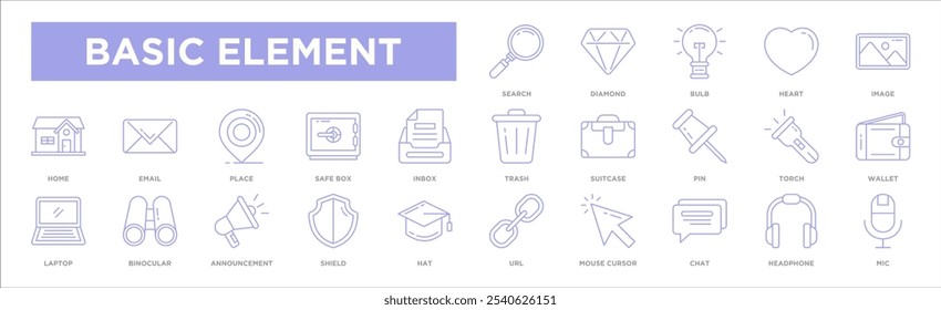 Basic element Title gadget icon collection set. Containing design search,diamond,Bulb,Heart,Image,