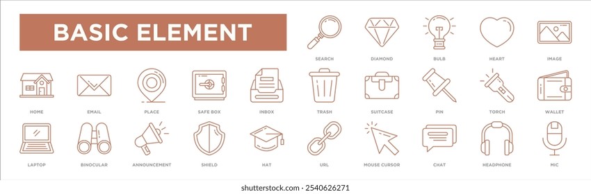 Basic element Title gadget icon collection set. Containing design search,diamond,Bulb,Heart,Image,