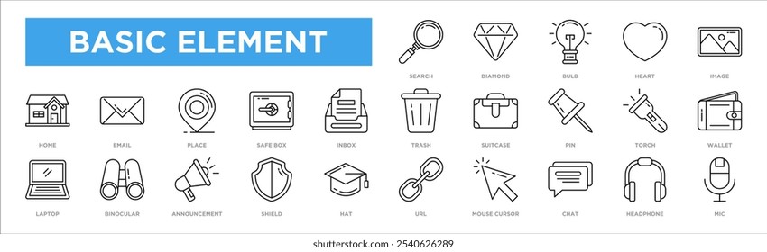 Basic element Title gadget icon collection set. Containing design search,diamond,Bulb,Heart,Image,