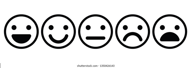 Basic emoticons set. Five facial expression of feedback - from positive to negative. Simple black outline vector icons.