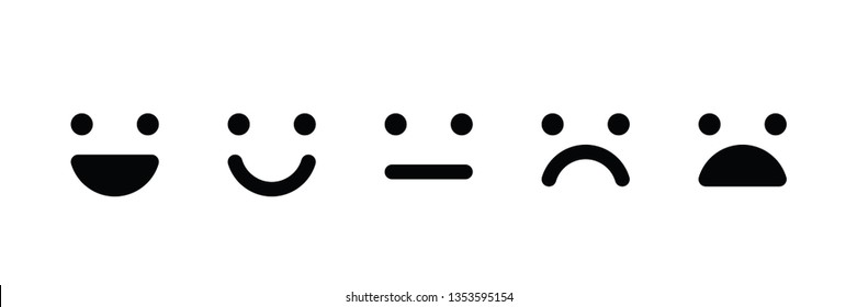 Basic emoticons set. Five facial expression of feedback - from positive to negative. Simple black vector icons.