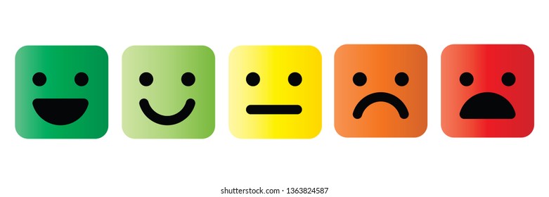 Basic emoticons set in square with rounded corners. Five facial expression of feedback scale - from positive to negative. Simple colored vector icons.