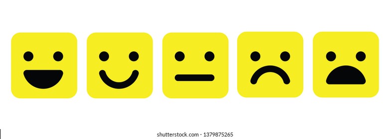 Basic emoticons set in square with rounded corners. Five facial expression of feedback scale - from positive to negative. Simple colored vector icons.