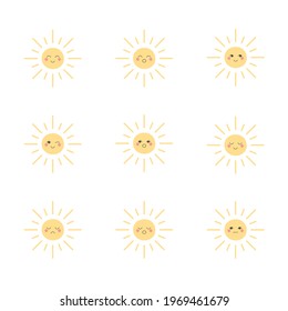 Basic emotion concept. Different mood emoticon icon set. Vector flat illustration. Happy, joyful, excited, cheerful, surprised, calm,  sad, disappointed, angry sun. For kids print, child education. 