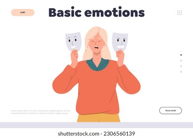 Basic emotion landing page design template with sad cartoon woman character hiding feelings