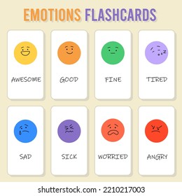 Juego de vectores de flashcards de emociones básicas. De mala a increíble escala del humor humano. Tarjetas con caracteres redondos de colores. Trazo editable.