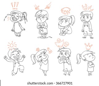 Basic emotions. Mad, Sad, Glad, Scared, Love. Funny cartoon character. Vector illustration. Isolated on white background. Coloring book