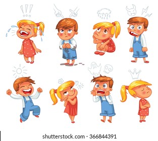 Basic emotions. Mad, Sad, Glad, Scared, Love. Funny cartoon character. Vector illustration. Isolated on white background