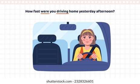 Basic English Grammar. Past continuous tense. Were you driving home. Educational poster with character in car. Studying question form in past progressive tense. Cartoon flat vector illustration