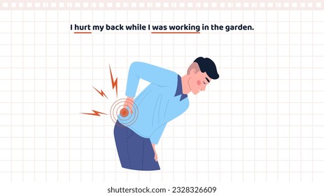 Basic English Grammar. Past continuous tense. Education banner for learning english language and affirmative sentences. Poster with character with back injury. Cartoon flat vector illustration