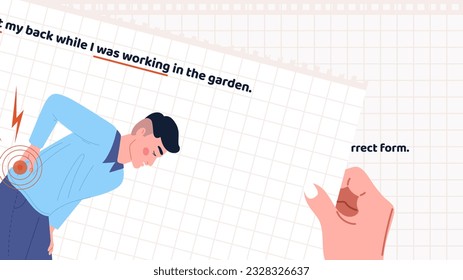 Basic English Grammar. Past continuous tense. When I was working. Education banner with affirmative sentence example and trauma character. Cartoon flat vector illustration