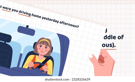 Basic English Grammar. Past continuous tense. Were you driving. Banner with hand turn page. Example of interrogative sentence. Study and learning. Cartoon flat vector illustration