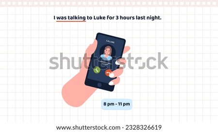 Basic English Grammar. Past continuous tense. Educational banner with example of positive sentence and verb in past progressive tense. I was talking. Cartoon flat vector illustration