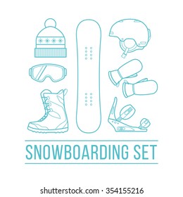 Basic equipment for snowboarding. Set of snowboard icons in a vibrant, youth style. 