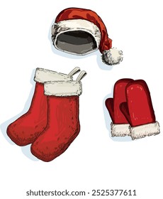 basic equipment start pack for santa claus red hat gloves stokings christmas presents time winter holidays symbol isolated on white background